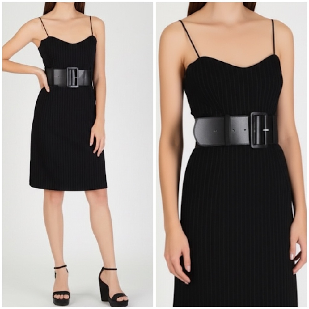 90s Vintage Tattoo‎ Black Pin Striped Belted Spaghetti Strap Stretch Mini Dress